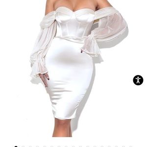 Miss Circle Lydia Pearl White Satin Off Shoulder
Puff Sleeve Bridal Shower Dress